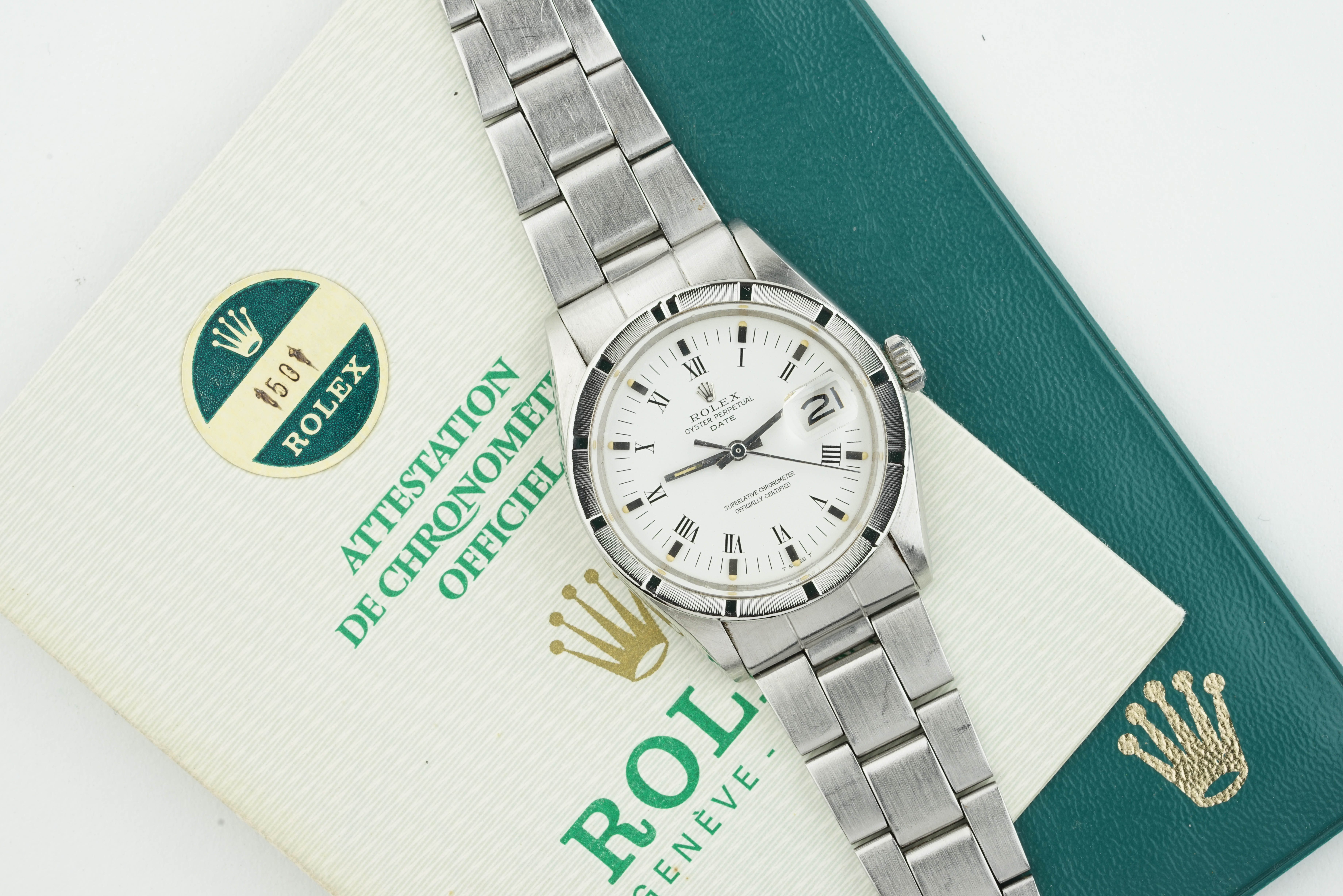 ROLEX OYSTER PERPETUAL DATE ROMAN NUMERAL DIAL W/ GUARANTEE PAPERS REF. 1501 CIRCA 1973, cirular