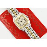 CARTIER PANTHERE MID-SIZE STEEL & GOLD W/ GUARANTEE PAPERS, square off white dial with roman numeral
