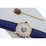 14ct La Marque Incabloc Manual Wind watch w/pin, Approx 29mm 14ct gold case. Circular cream dial