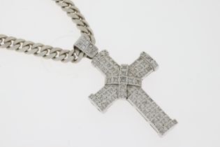 14ct Diamond Set Cross Pendant on a 925 Silver Curb Chain. The cross measures 8cm x 4.5cm wide.