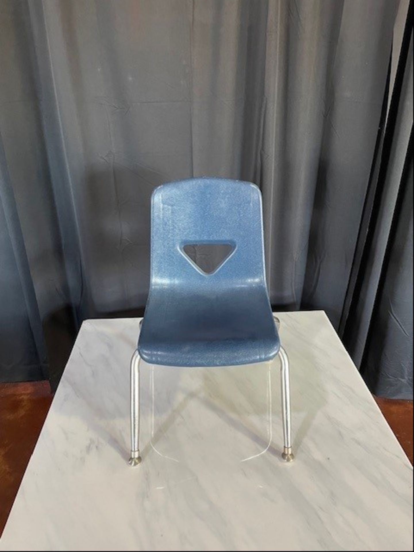 *Located in Tupelo, MS Navy Plastic Child's Chair, Stackable, w/ Metal Legs