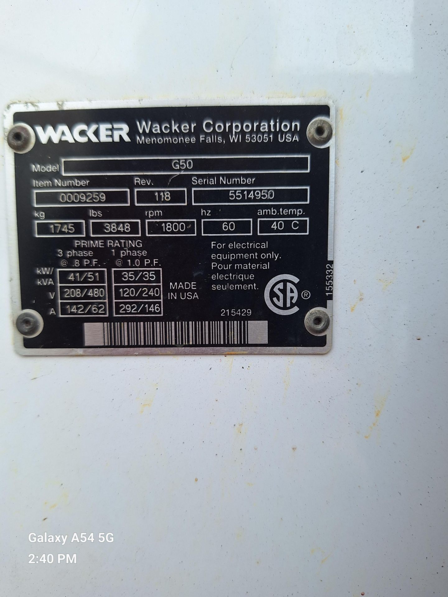 G50 Wacker Generator, fully tested - Image 11 of 12