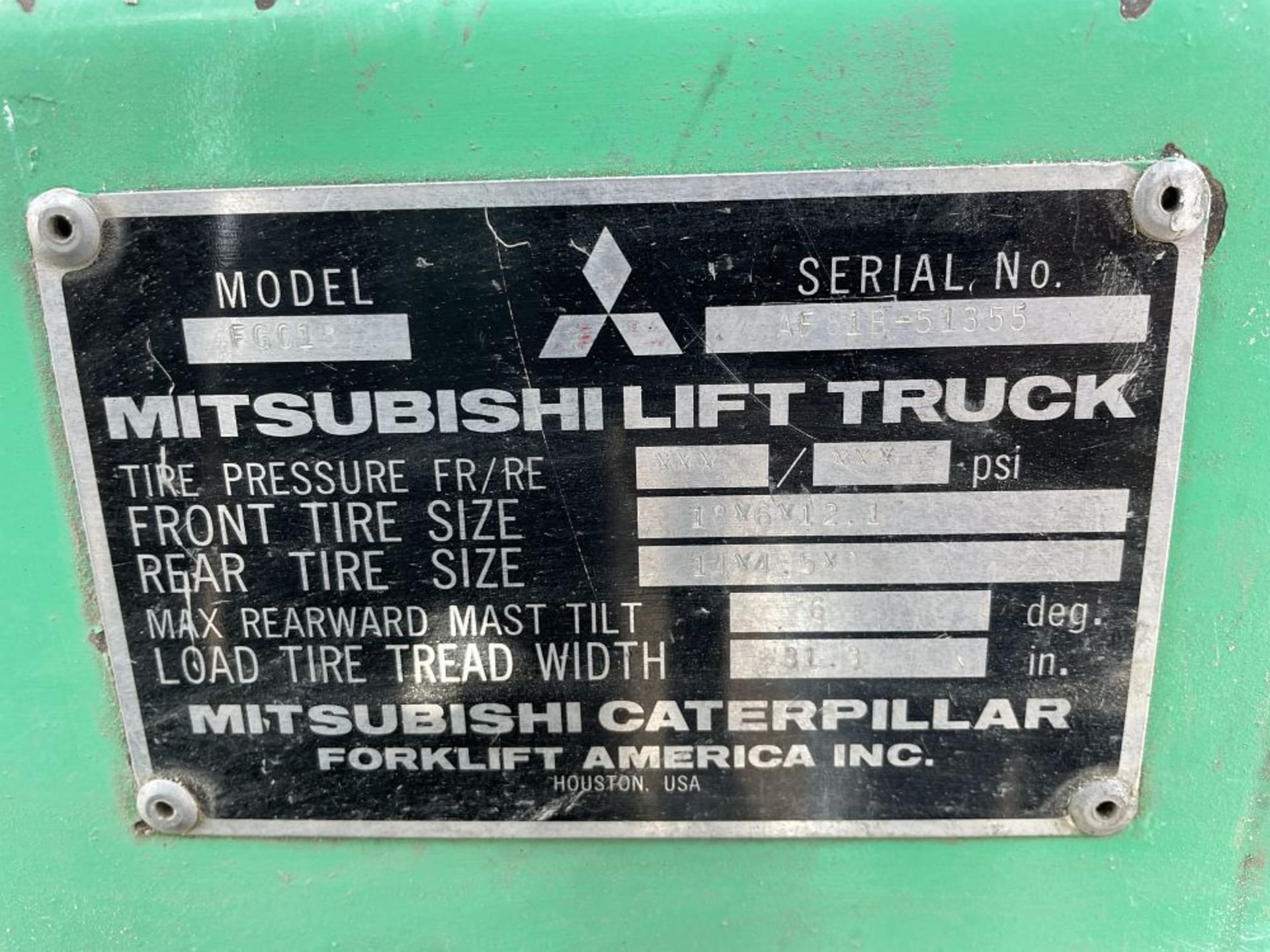 MITSUBISHI MDL FCG-18 FORKLIFT, 3,500 LB. CAP, **LATE PICK UP** - Image 12 of 13