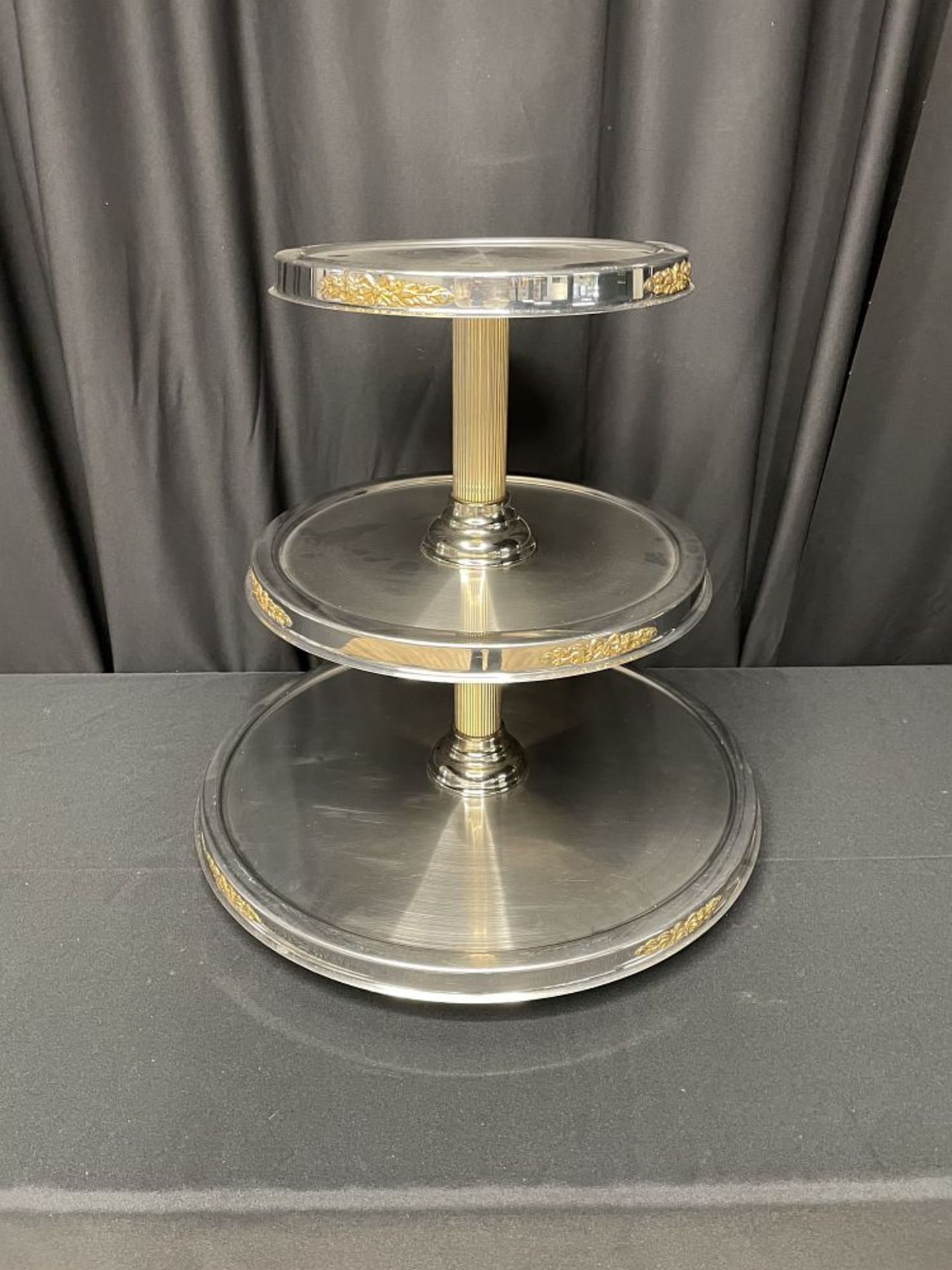 FOOD DISPLAY, 3 TIER SS WITH GOLD