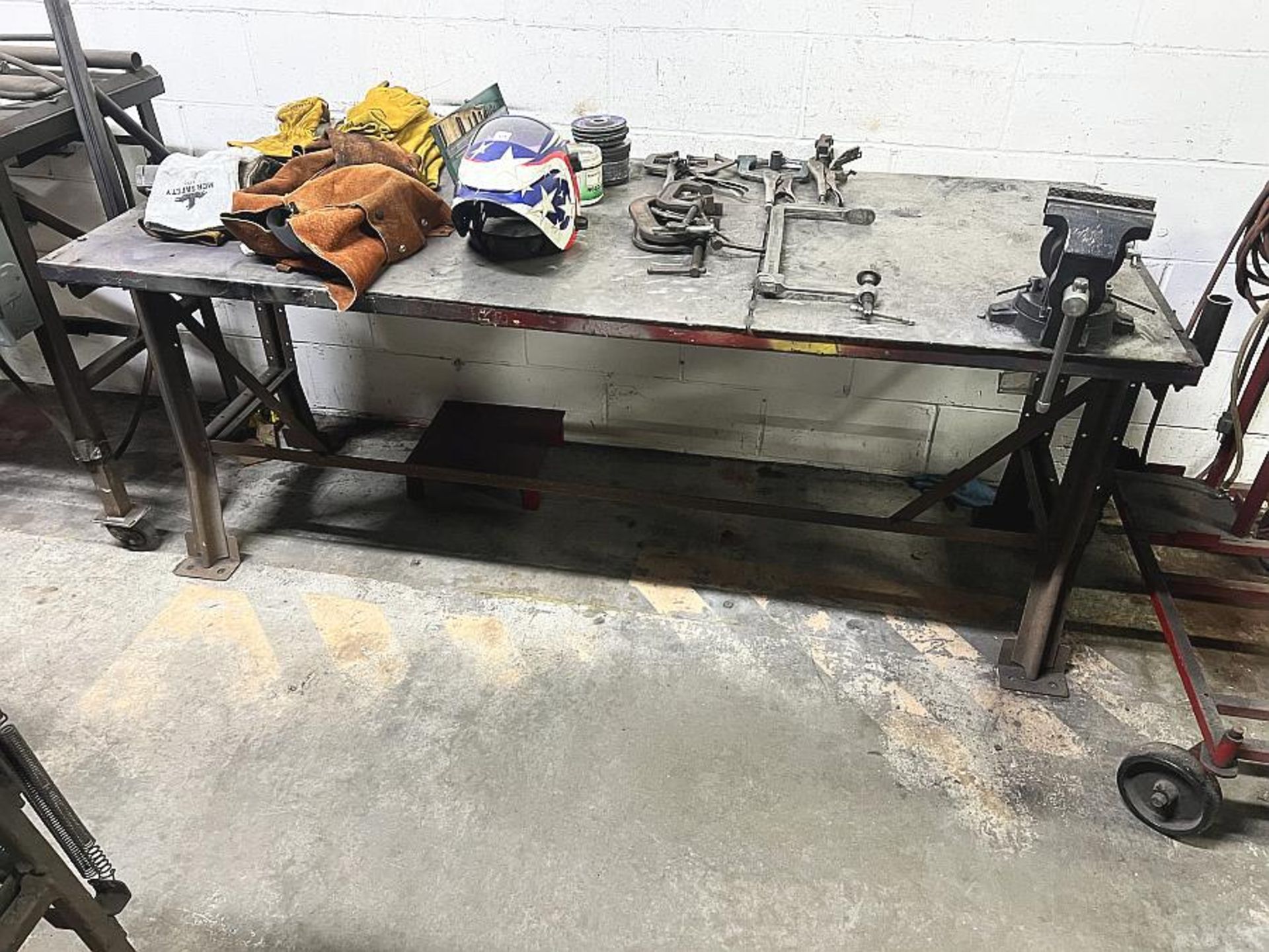 Metal Work Table w/ Vise, 6' x 31" x 30"- no contents