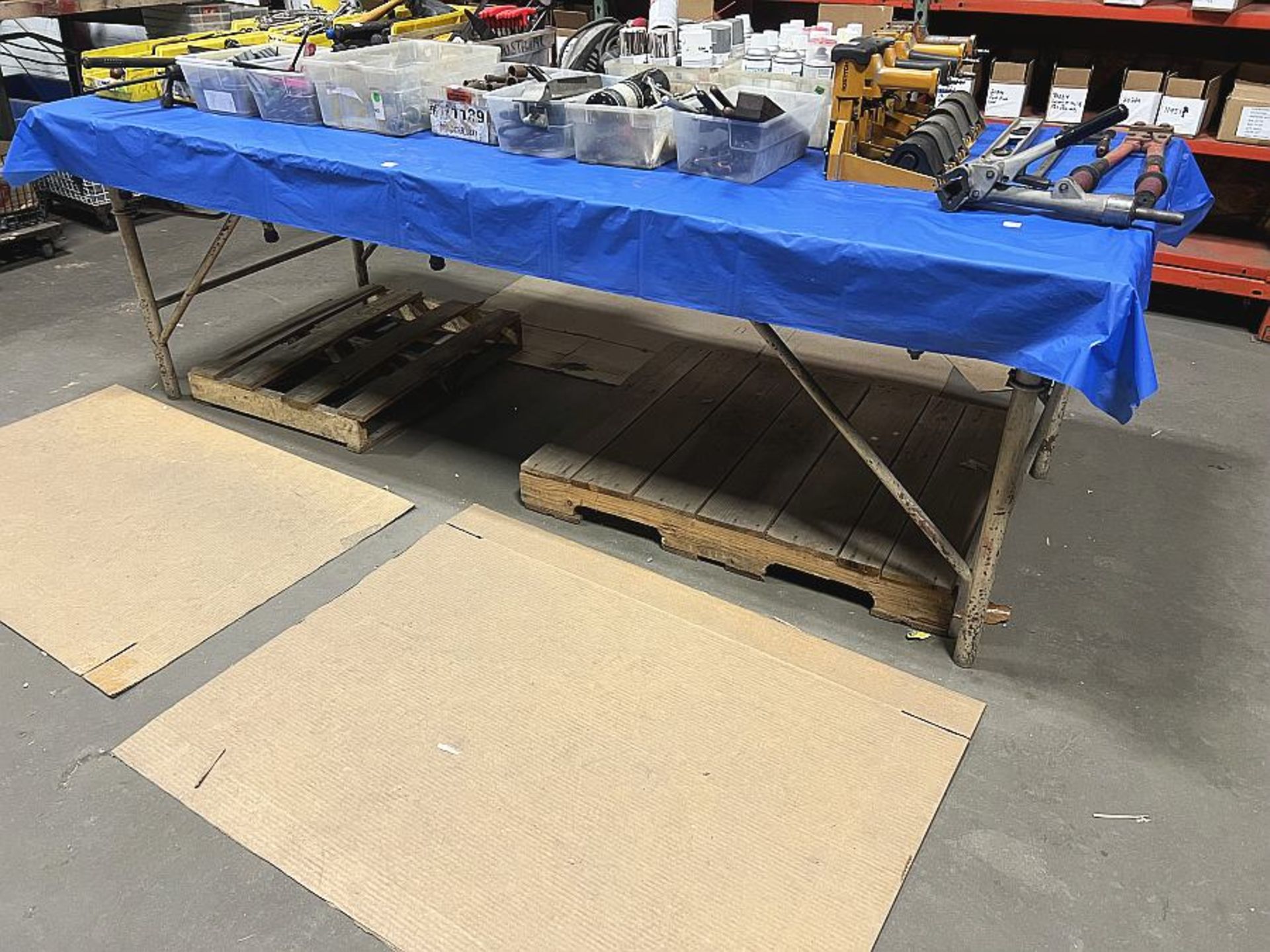 8' Work Table, Metal Frame/Wooden Top- no contents included