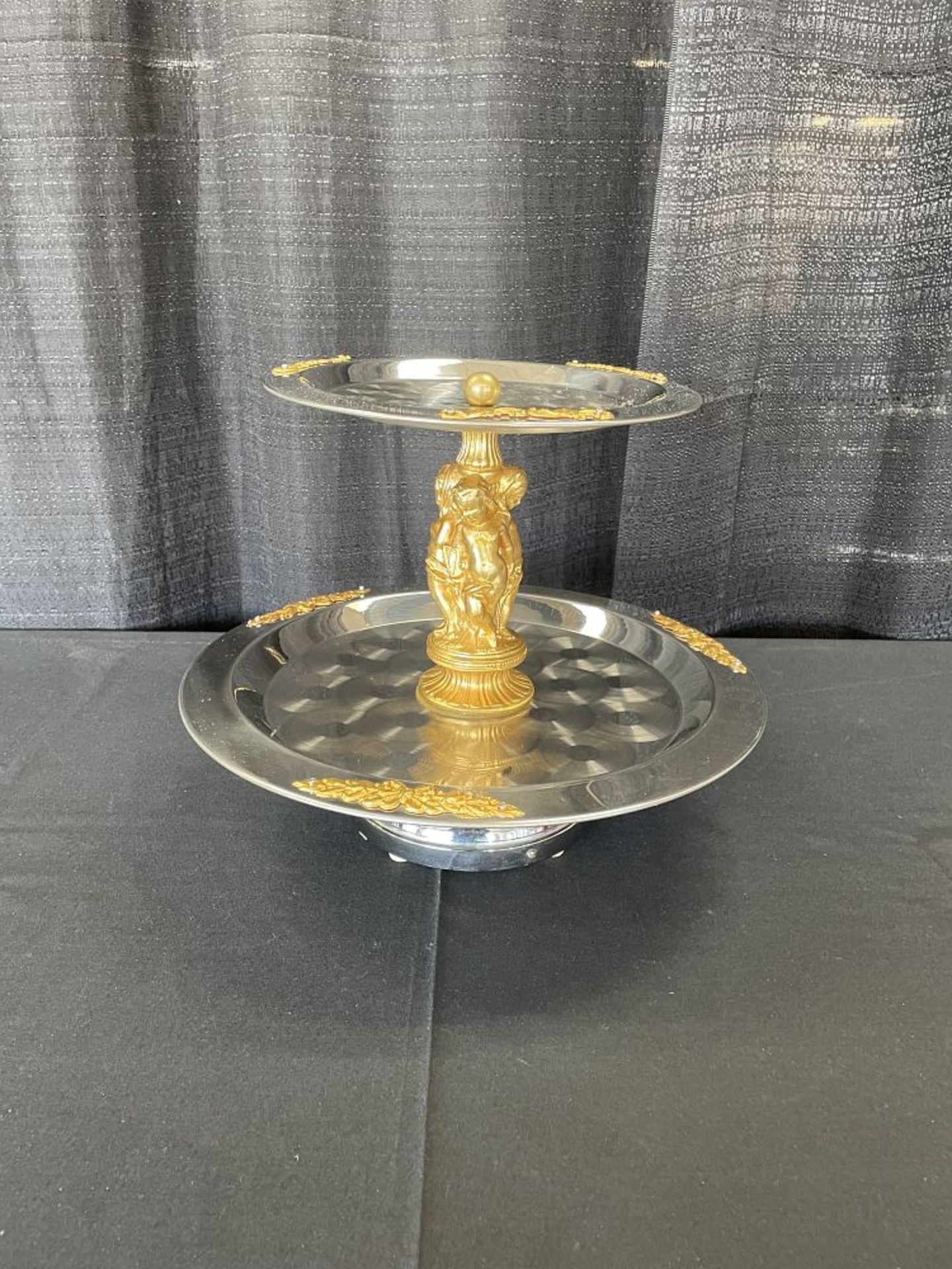 15" 2-tier Stainless Steel w/ Gold Accent Serving Display