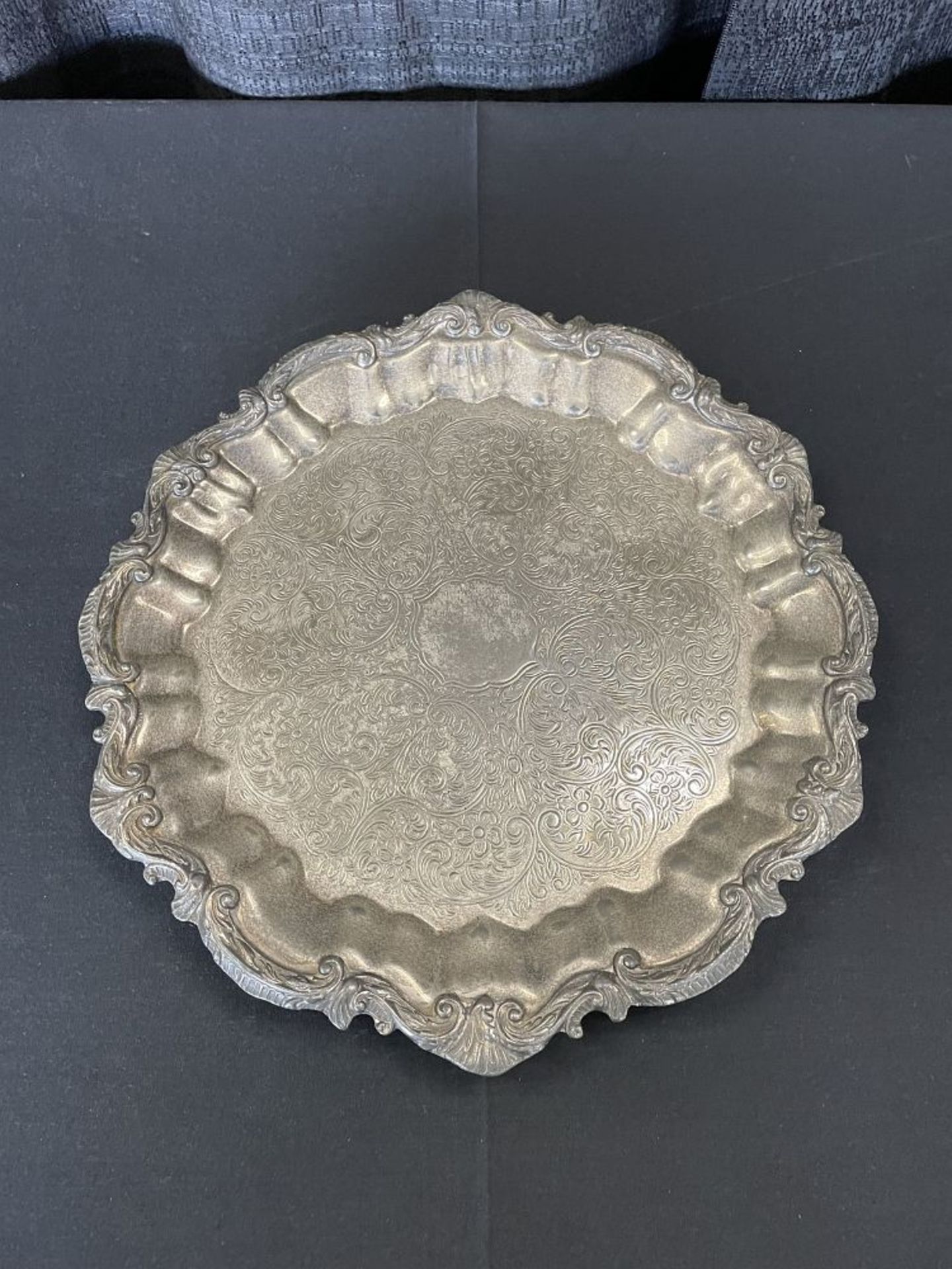 14.75" Round Silver Plate Serving Tray w/ Fancy Edge