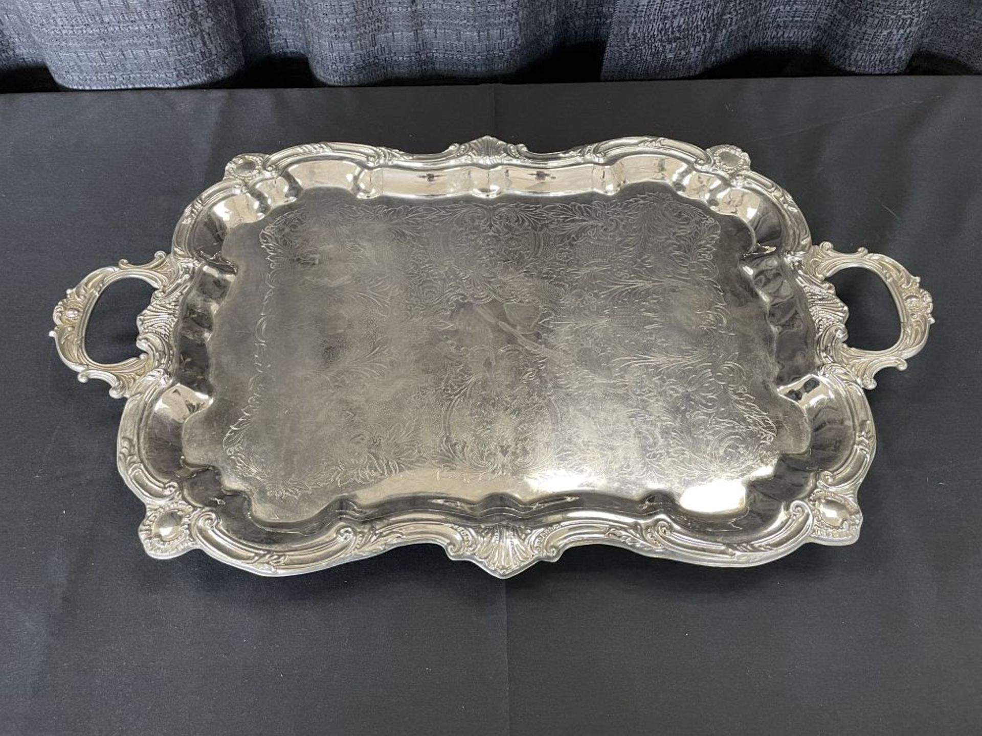 18" x 24" Handled Silver Plate Serving Tray w/ Fancy Edge