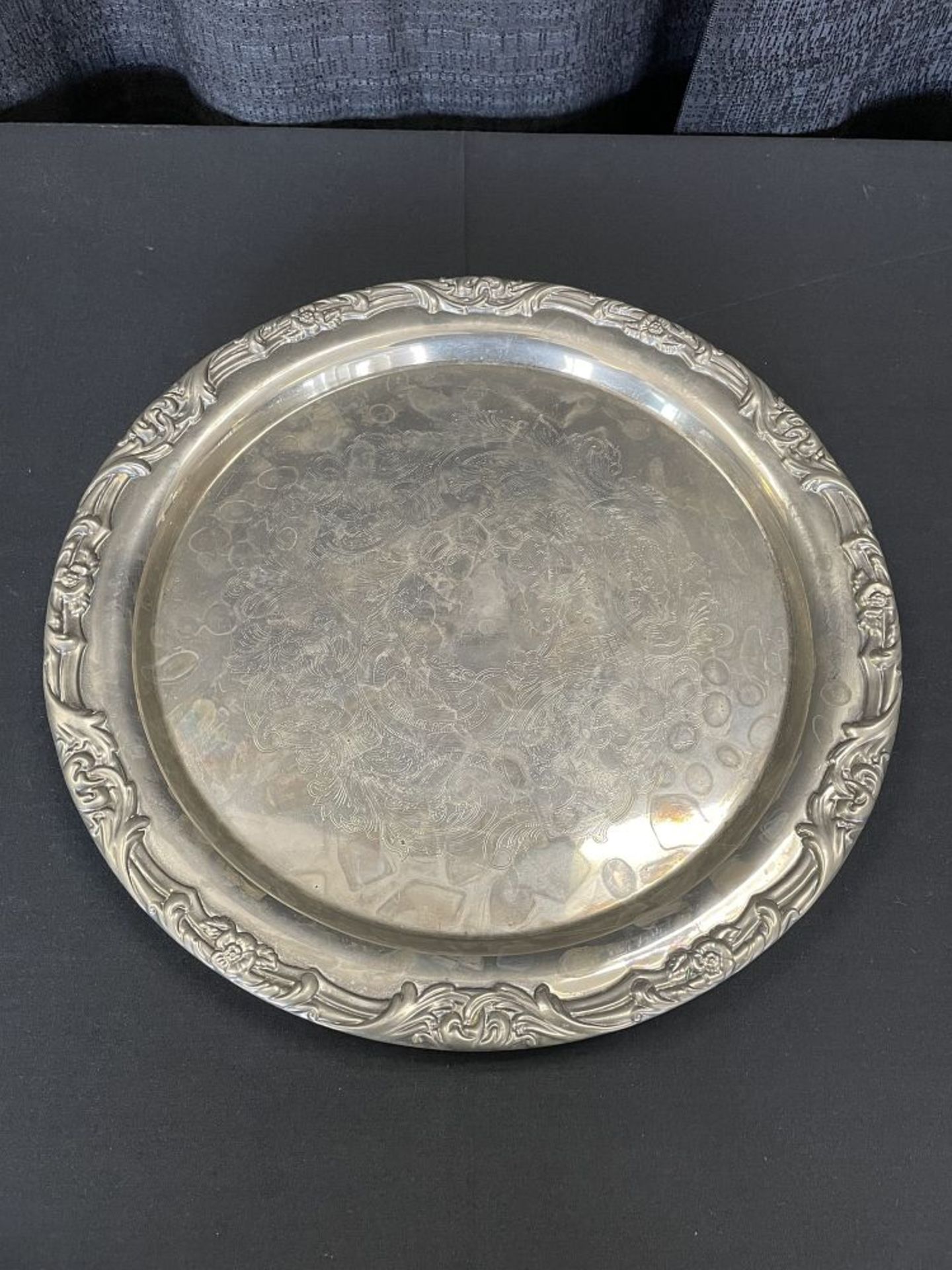16.75" Round Silver Plate Serving Tray w/ Ornate Edge