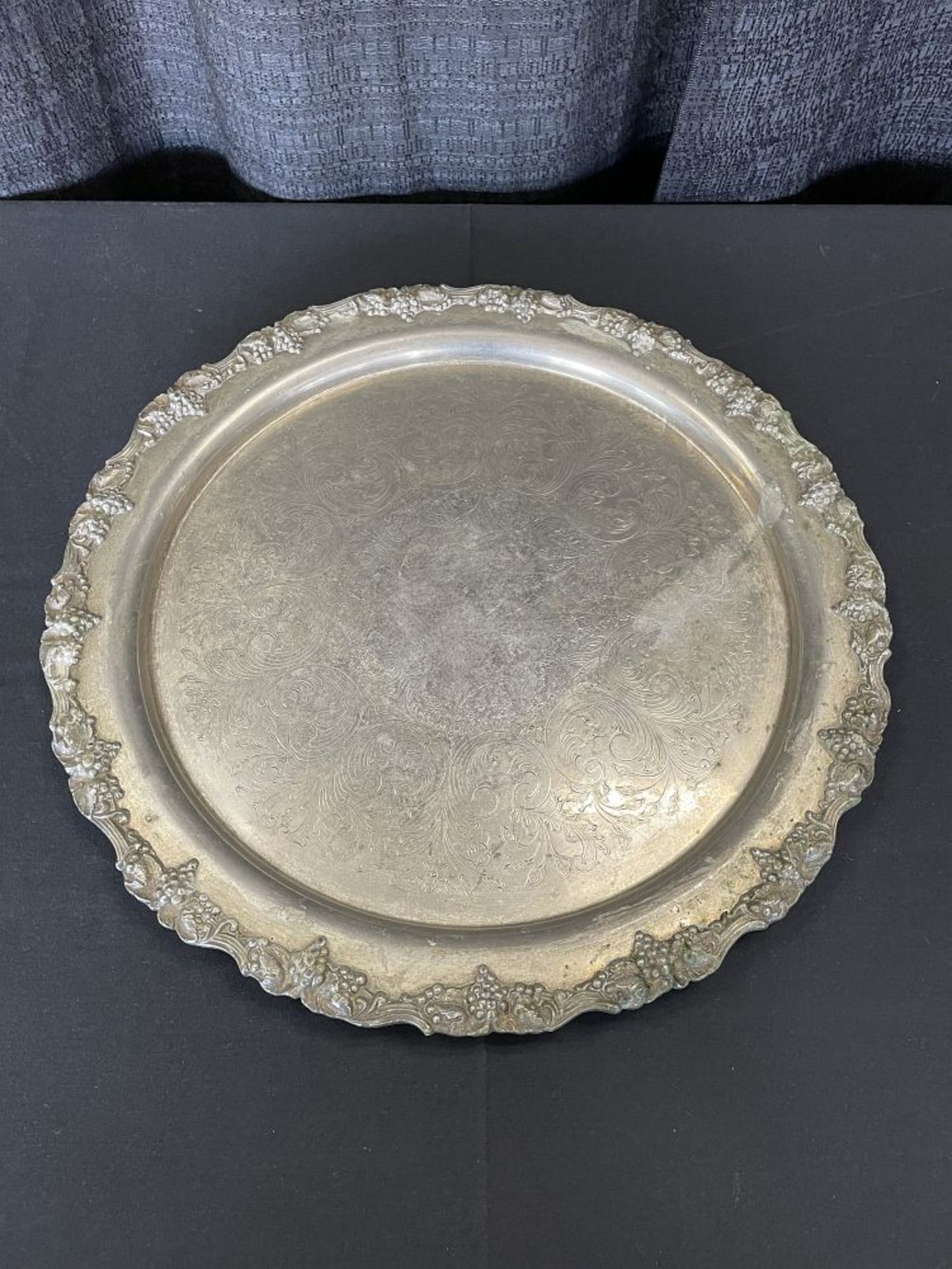 19.25" Round Silver Plate Serving Tray w/ Ornate Edge