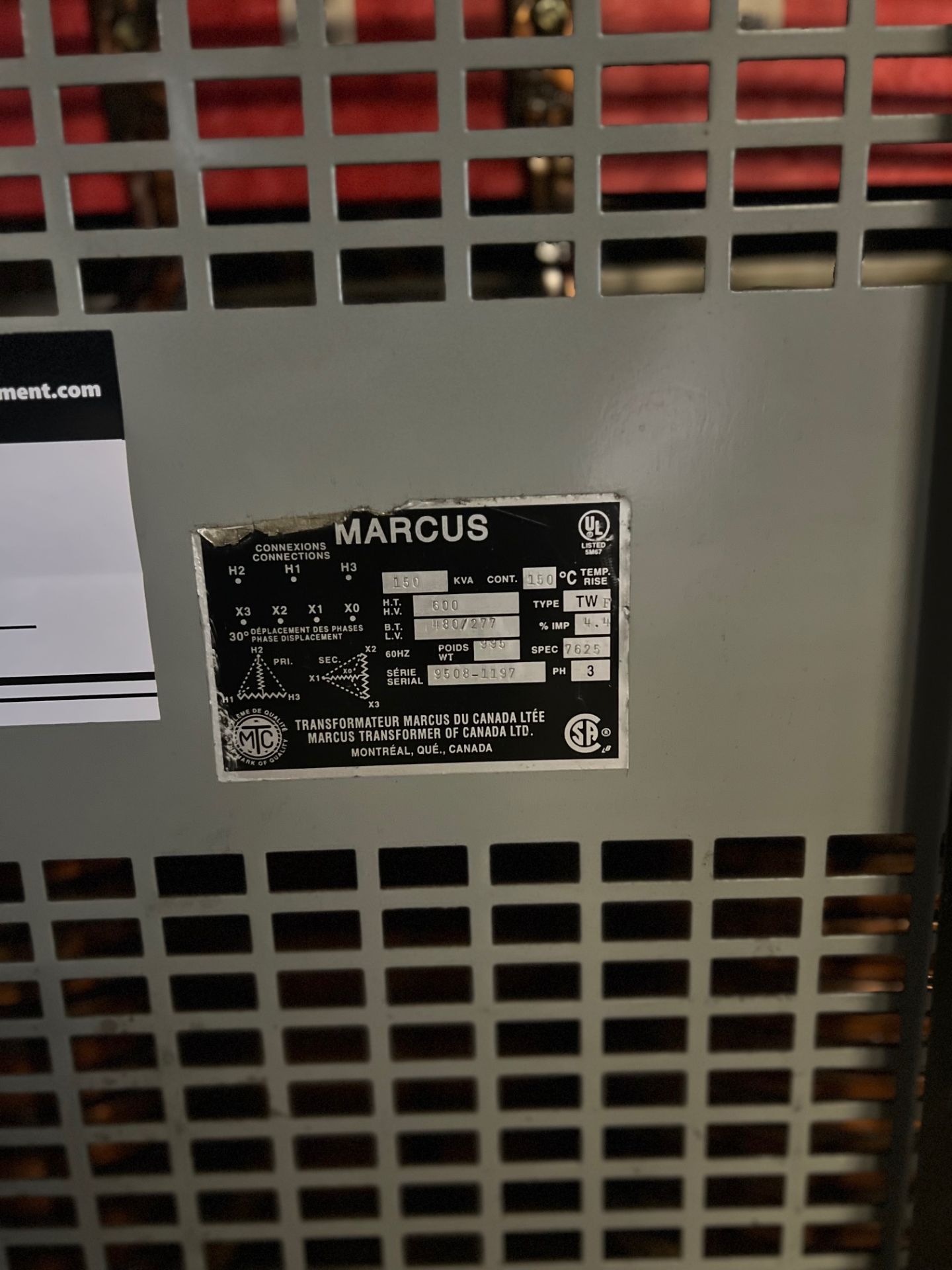 MARCUS TRANSFORMER, 150 KVA, 600 V, 3 PHASE - Image 2 of 3