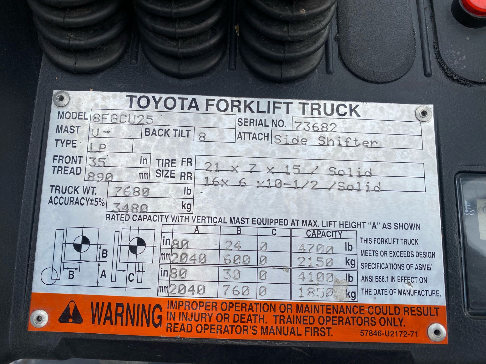 TOYOTA PROPANE FORKLIFT, MODEL 8FGCU25, SERIAL 73682, SIDE SHIFTER - Image 9 of 9