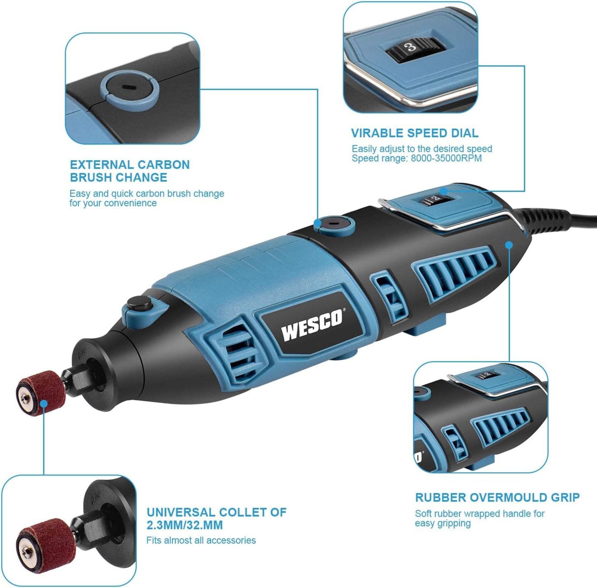 4x NEW & BOXED WESCO 160W Rotary Tool Mini Drill Kit with Flexible Shaft & Accessories. RRP £39.99 - Image 2 of 6