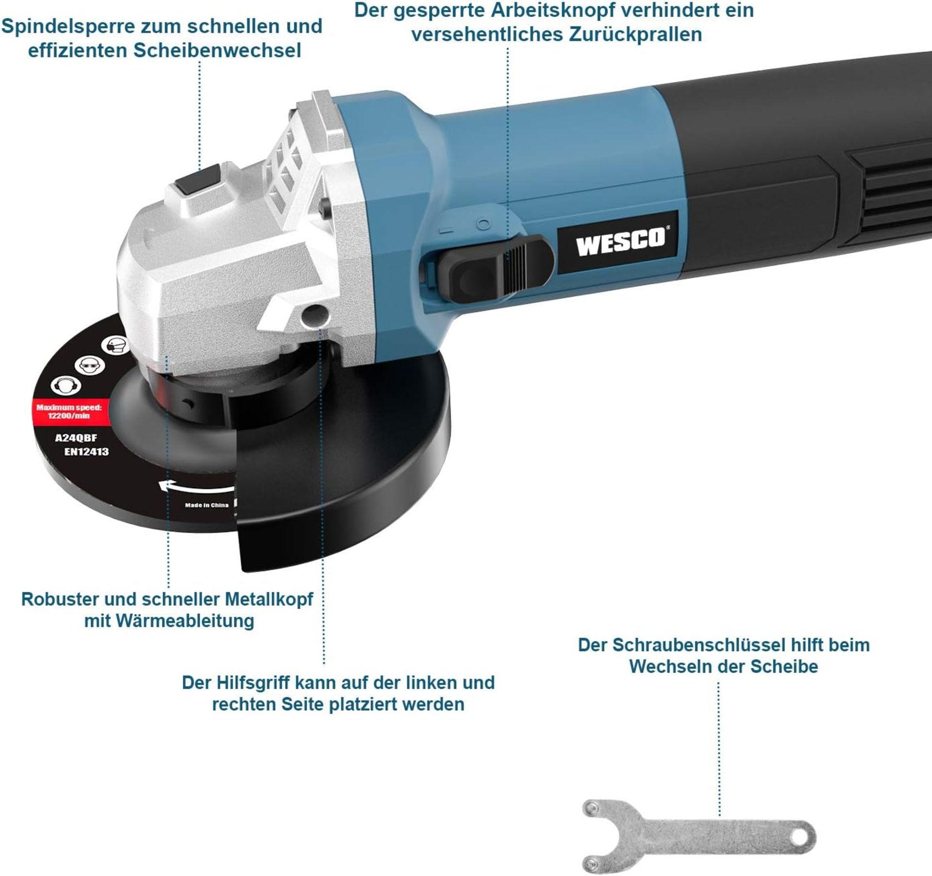 2x NEW & BOXED WESCO 750W 115mm Professional Angle Grinder. RRP £39.99 EACH. Powerful angle grinder: - Image 2 of 6