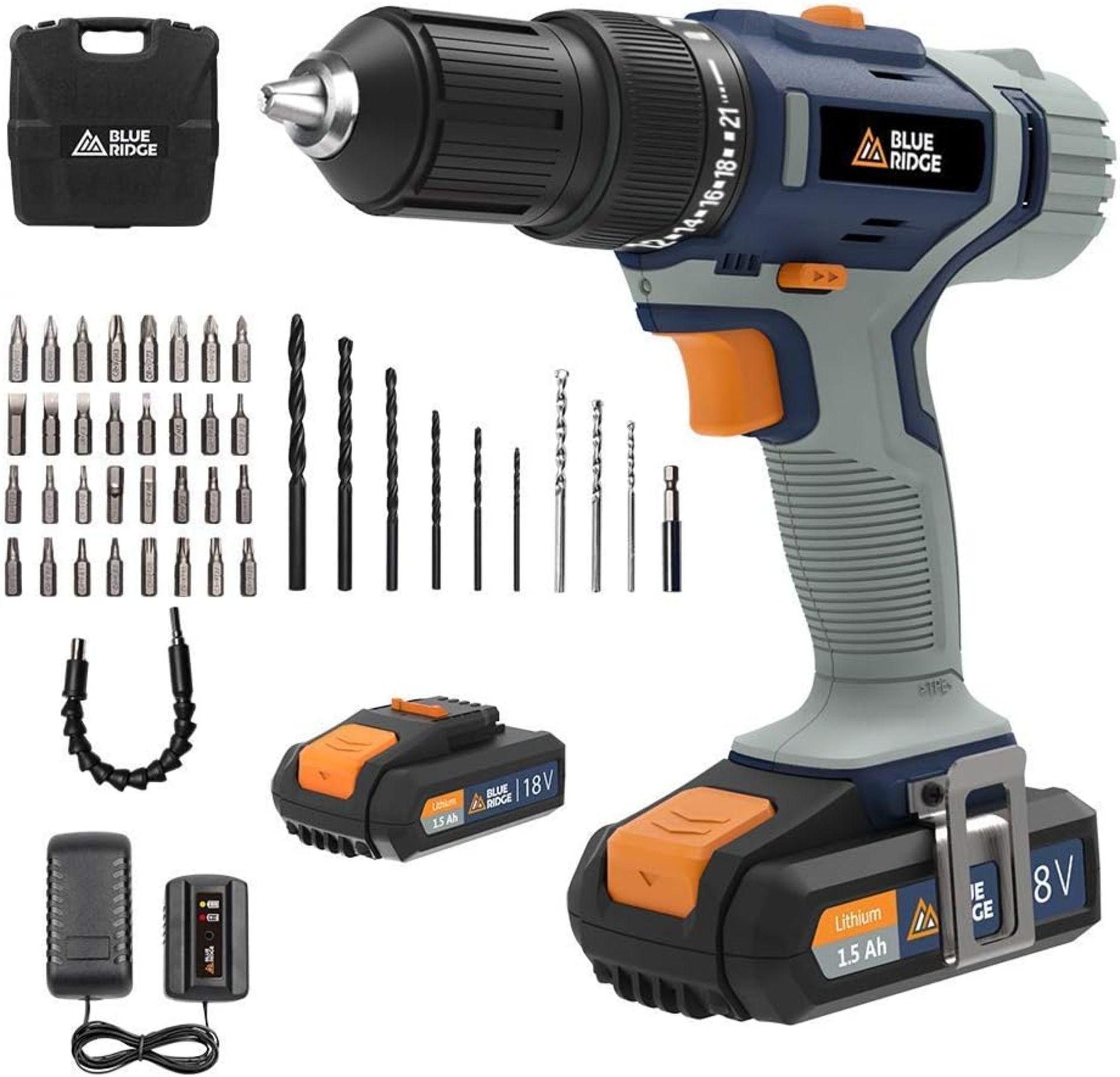 3x NEW & BOXED BLUE RIDGE 18V Cordless Hammer Drill with 2 x 1.5 Ah Li-ion Batteries & 43 Piece