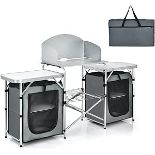 COSTWAY Folding Camping Table with Windshield and Carrying Bag, Outdoor Garden Kitchen Mesh-Door