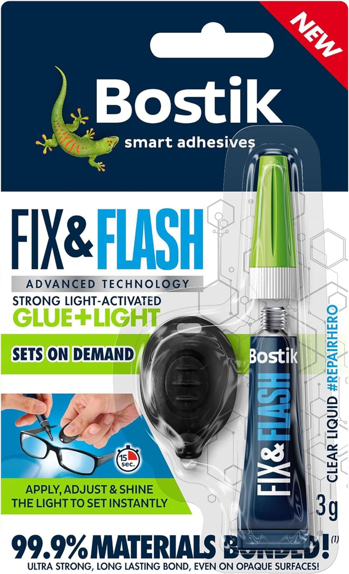 TRADE LOT TO CONTAIN 30x NEW & BOXED PACKS OF 6 BOSTIK Fix & Flash Light-Activated Glue 3g Tube. RRP
