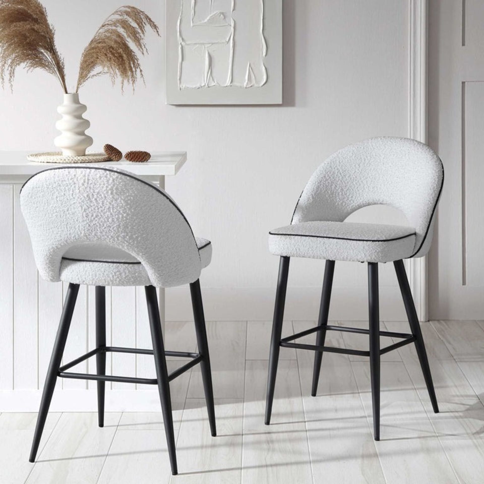 Oakley Set of 2 White Boucle Upholstered Counter Stools with Contrast Piping (R30) RRP £199.99