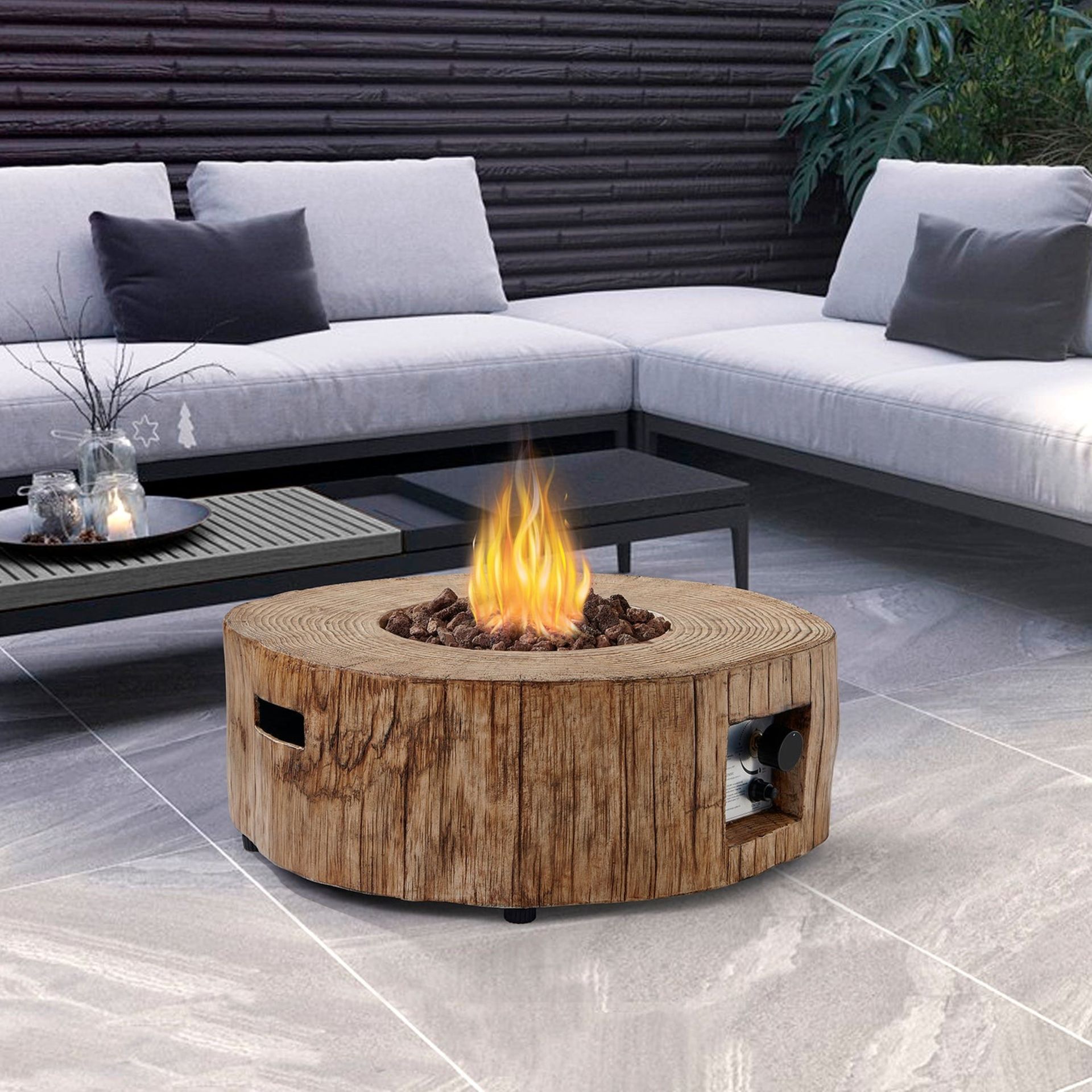 Round Outdoor Gas Fire Bowl Rustic Wood Effect (R30) RRP £359.99
