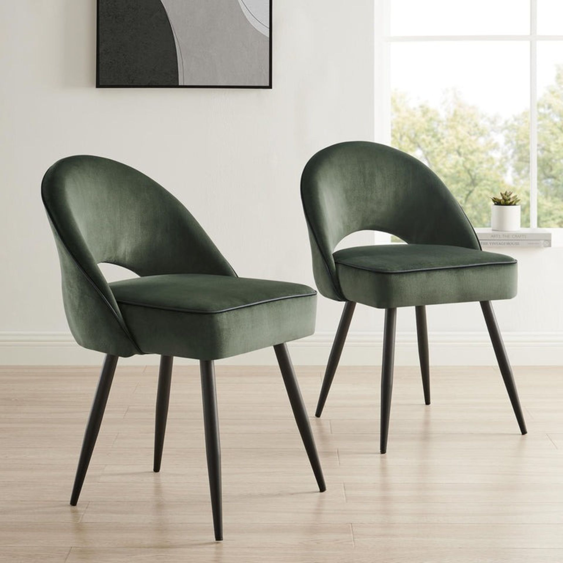 Oakley Set of 2 Dark Green Velvet Upholstered Dining Chairs with Contrast Piping (R30) RRP £209.99