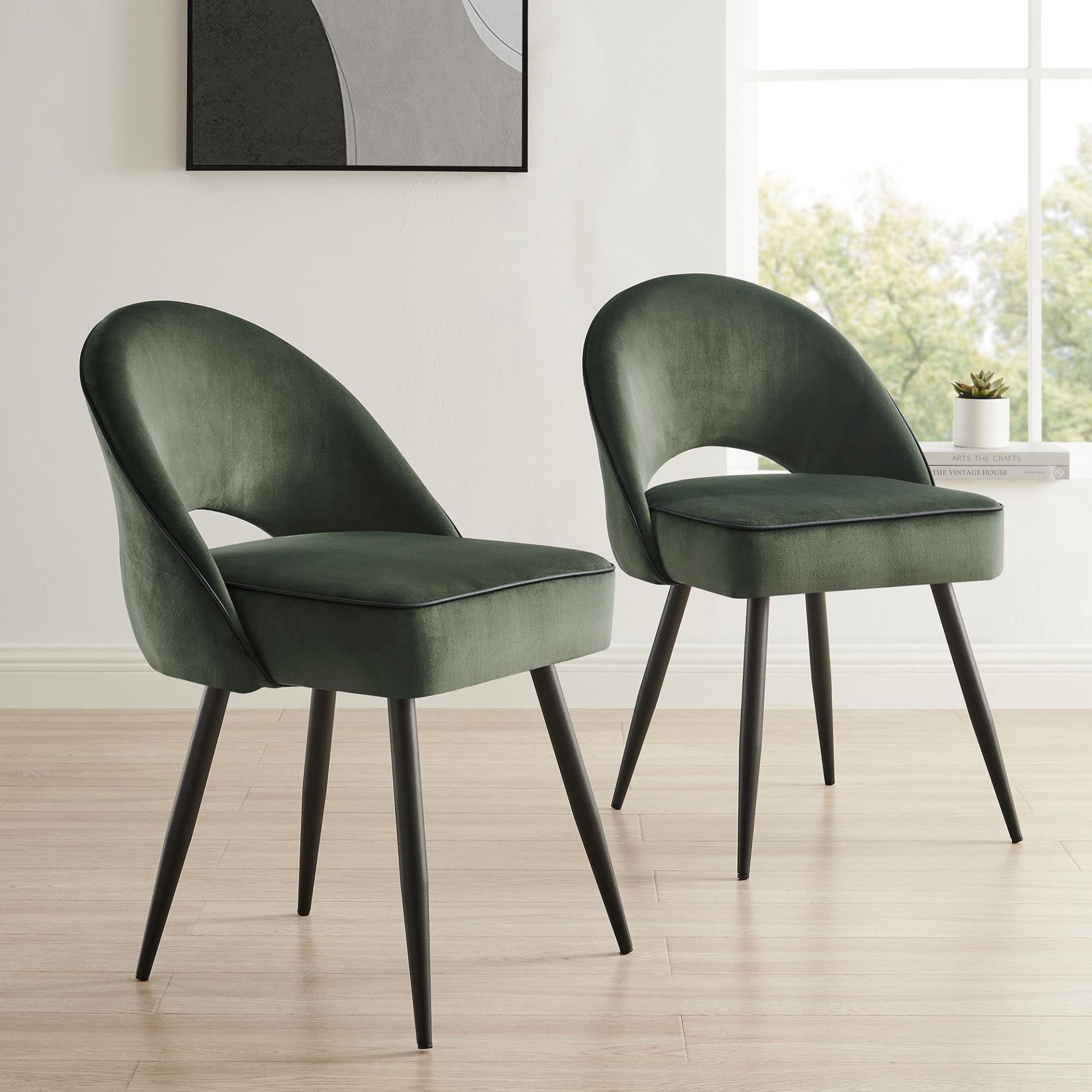 Oakley Set of 2 Dark Green Velvet Upholstered Dining Chairs with Contrast Piping (R23) RRP £209.99