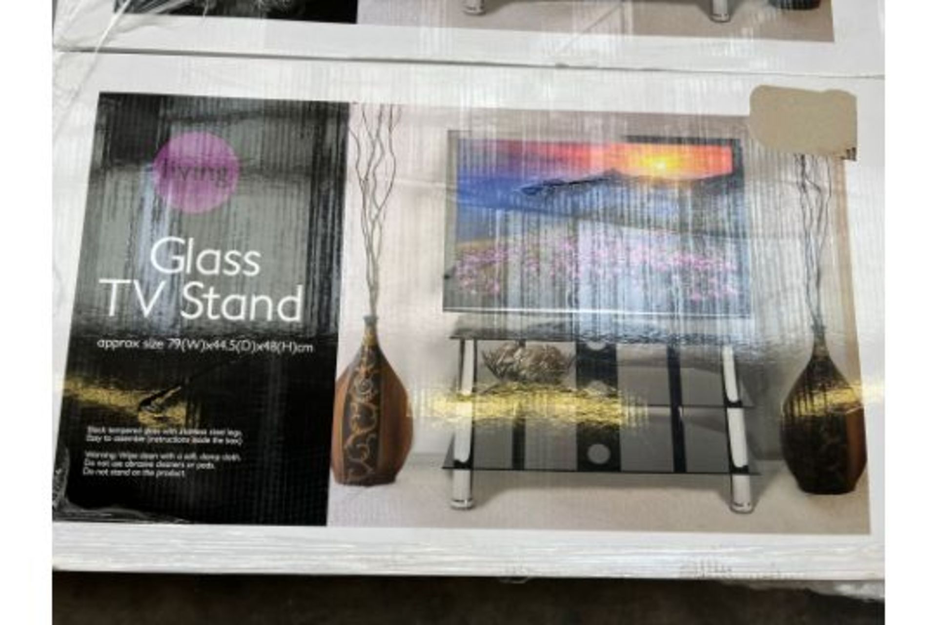 TRADE LOT 10 x NEW LIVING GLASS TV STANDS. BLACK TEMPERED GLASS WITH STAINLESS STEEL LEGS. EASY TO
