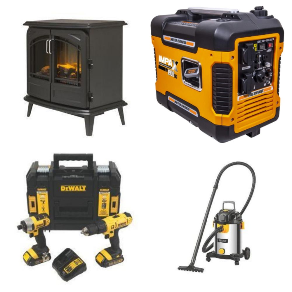 DeWalt Saws, Ryobi Tool Kits, Makita Drills, LED Mirrors, Generators, Pressure Washers, Dehumidifiers, Designer Radiators, Fires, Vacuums & More