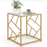 SQUARE END TABLE WITH TEMPERED GLASS AND GOLD FINISH GEOMETRIC FRAME-WHITE. - R14.2. Crafted with