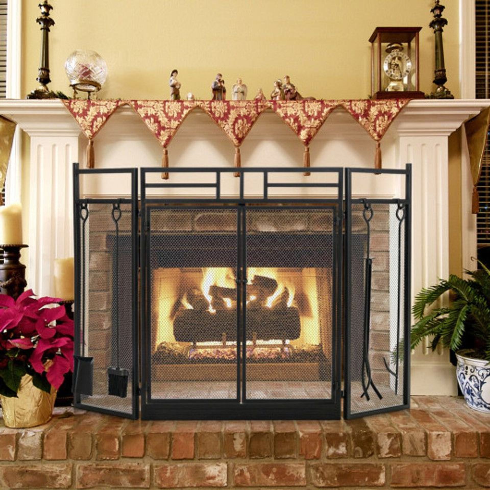 3-Panel Folding Wrought Iron Fireplace Screen With Doors And 4 Pieces Tools Set-Black. - R14.4.