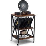 Multigot Record Player Stand, 3 Tiers Industrial Rolling End Table with Lockable Wheels, Metal Guard