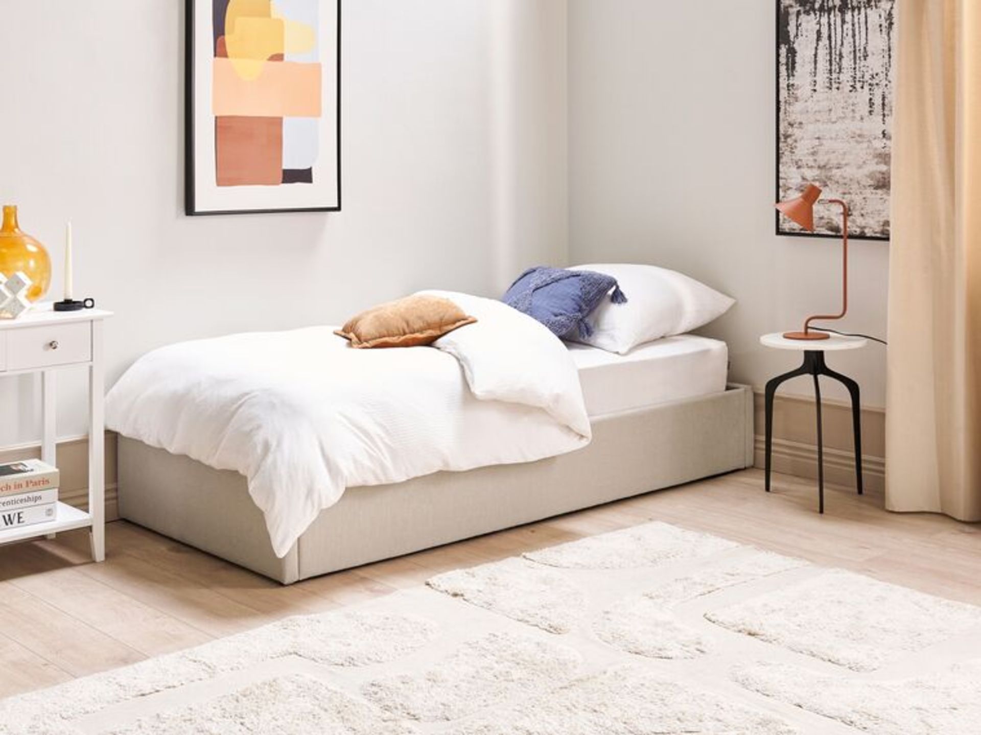 Dinan Fabric EU Single Size Ottoman Bed Beige. - SR6. RRP £389.99. Add a stylish vibe to your