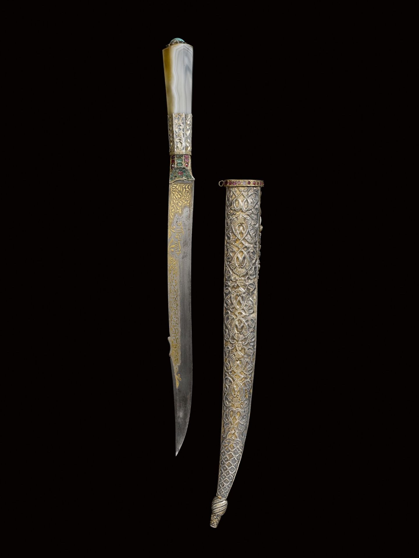 Ottoman dagger with banded-agate hilt and jewelled silver scabbard, Turkey, 19th century - Image 3 of 4