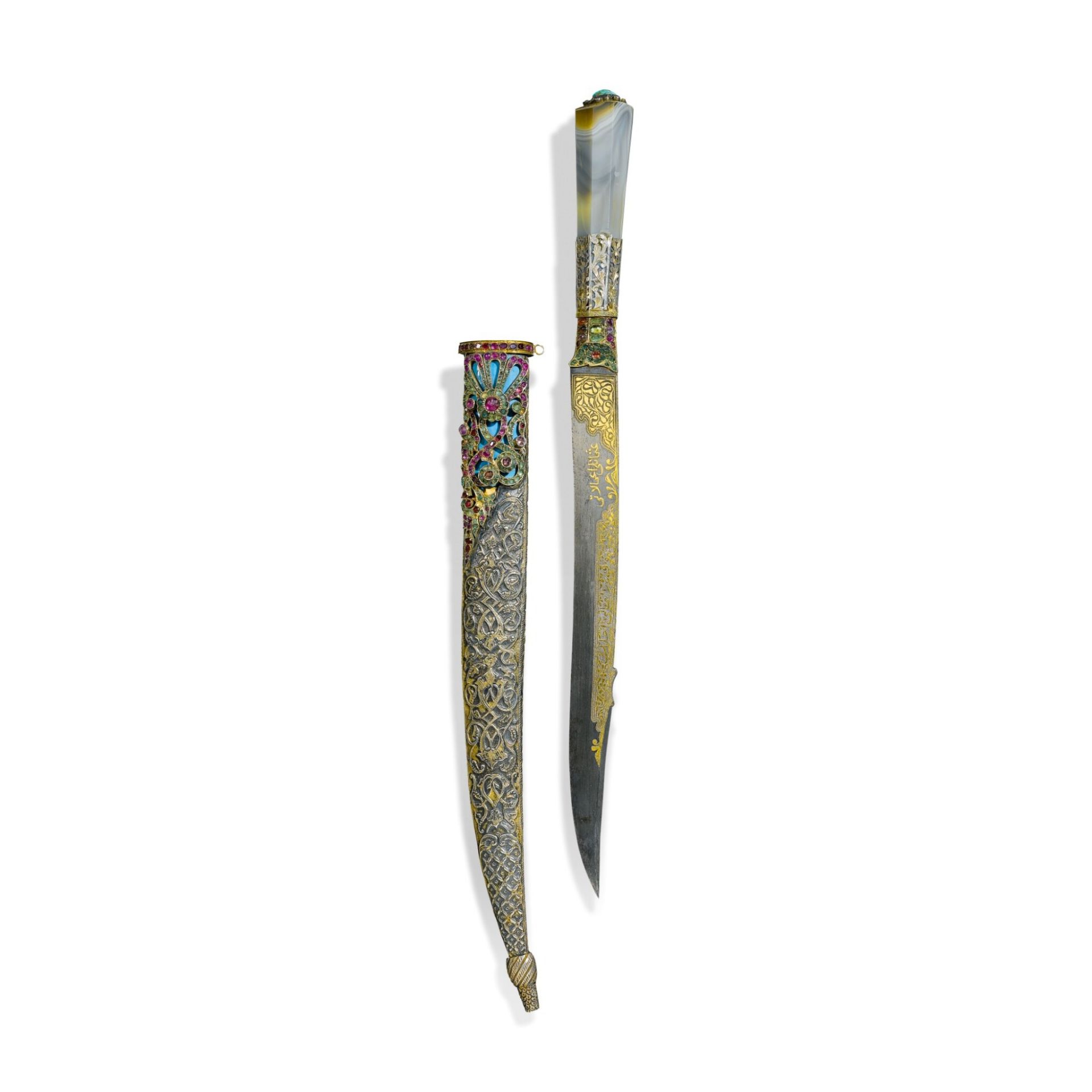 Ottoman dagger with banded-agate hilt and jewelled silver scabbard, Turkey, 19th century