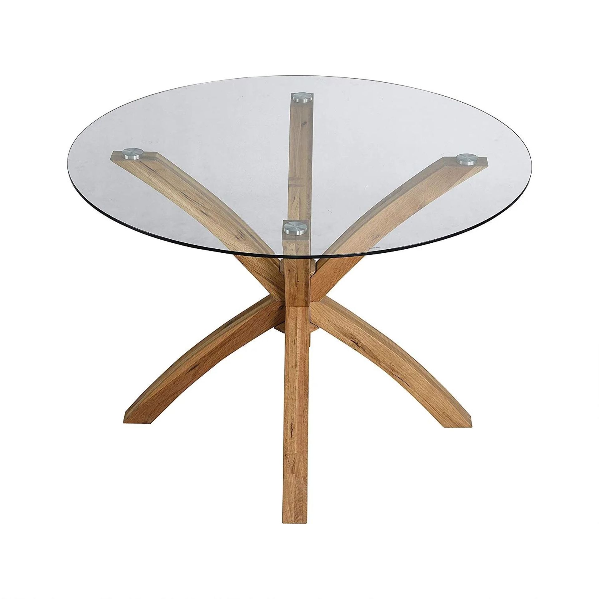 Lugano 110cm Round Glass Top Solid Oak Legs Dining Table. - ER26. RRP £379.99. Featuring four subtly - Image 2 of 2