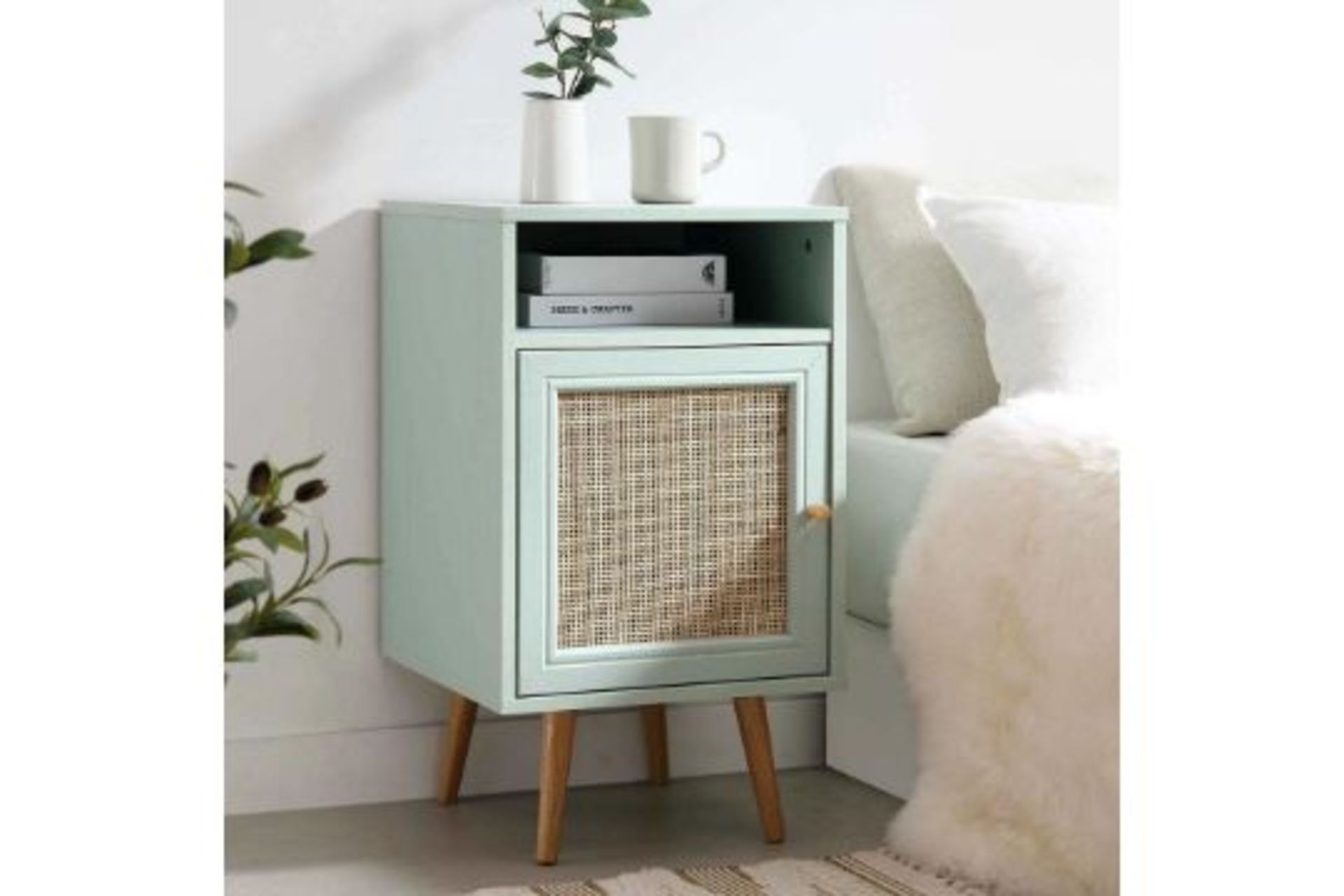 Frances Woven Rattan 1-Door Bedside Table in Mint. - E24. RRP £159.99. Our Frances bedside table