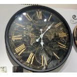 NEW BOXED LARGE VINTAGE BLACK AND GOLD ROMAN NUMERAL MAP OF THE WORLD WALL CLOCK
