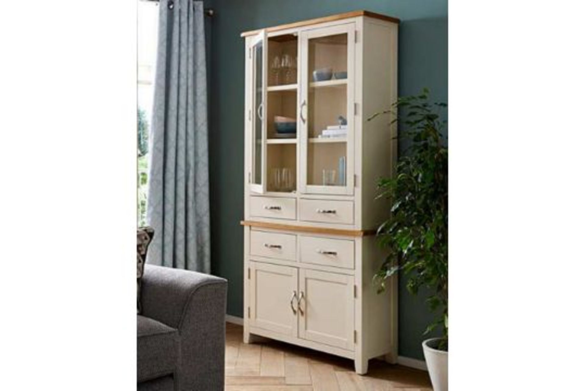 NEW & BOXED Norfolk Two Tone Oak and Oak Veneer Tall Display Unit. GREY/OAK. RRP £629 EACH. - Image 2 of 2