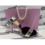 NEW & BOXED MARY CHING Charlotte 100 Heel Ladies High End Fashion Shoes. SILVER. SIZE 36. RRP £