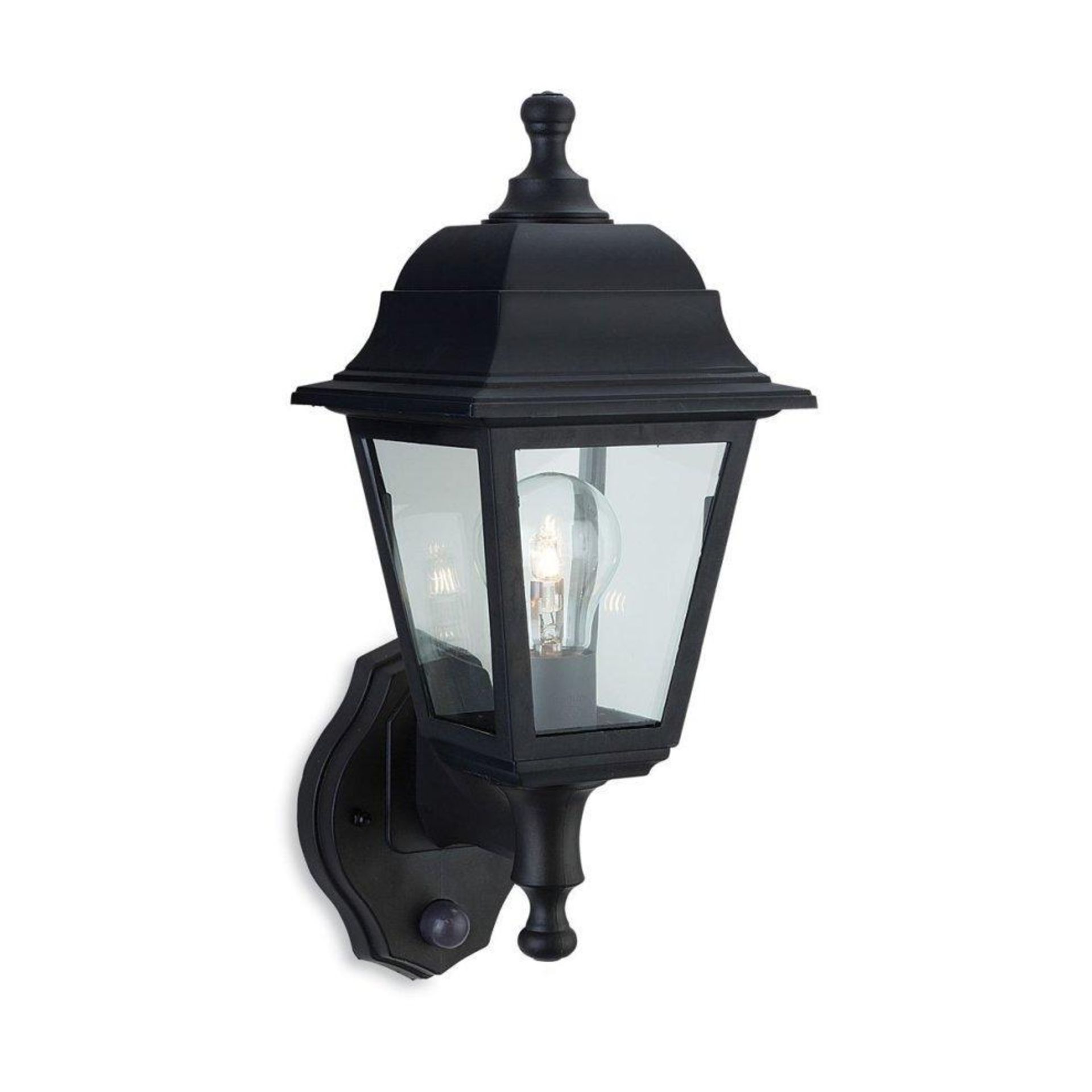 Oslo 1 Light Outdoor Wall Lantern Uplight with Pir Black Resin IP44 E27 - ER47. Welcome guests to