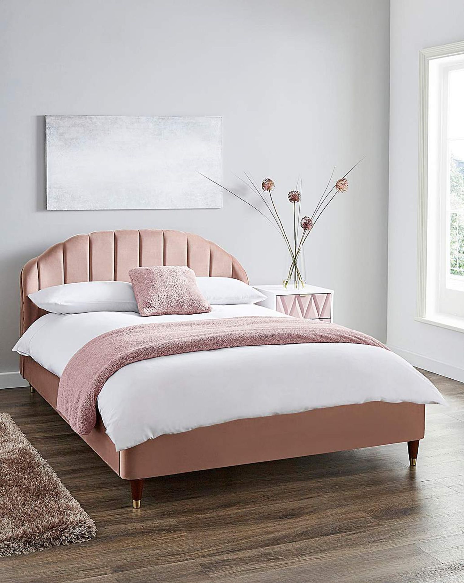 BRAND NEW CLARA Fabric KING Bed Frame. BLUSH. RRP £599 EACH. The Clara fabric bed frame features a