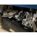 LARGE MIXED LOT IN 4 TRAYS TO CONTAIN SHELF BRACKETS, KARCHER ACCESSORIES, LAWNMOWER BLADES ETC. (