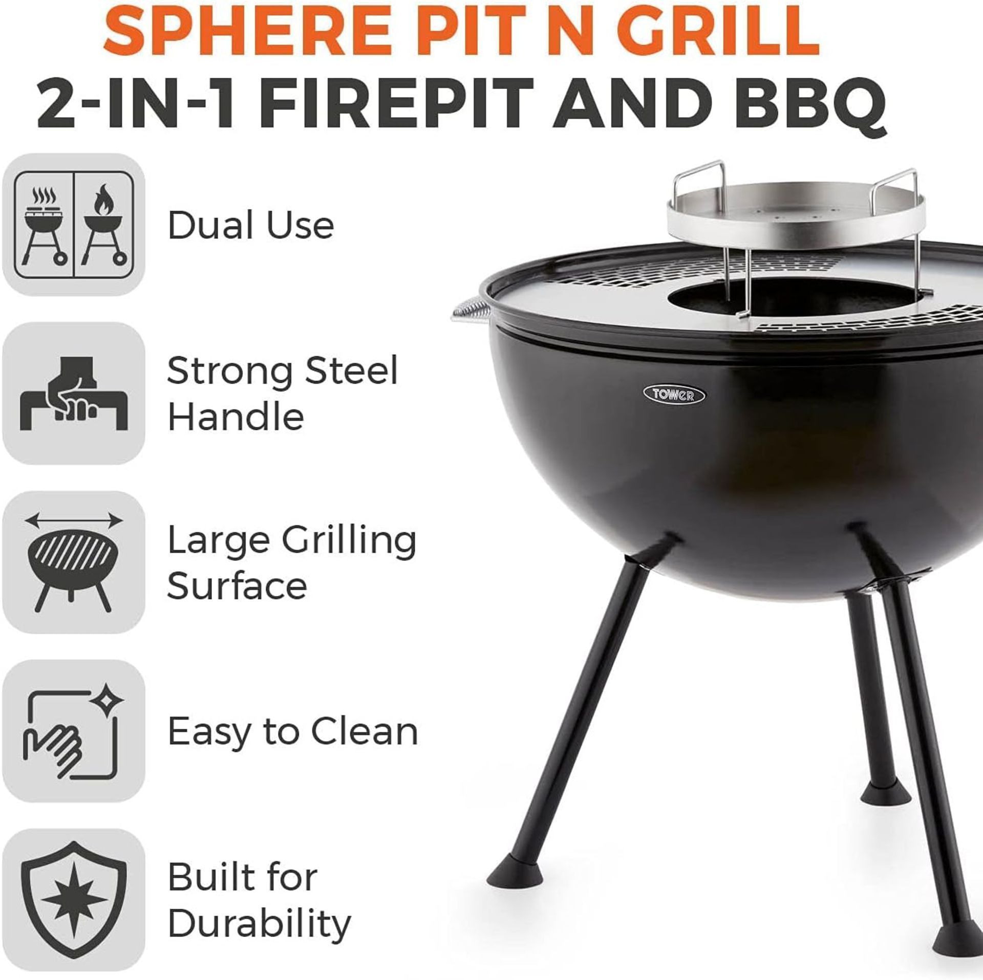 New & Boxed Tower Sphere Fire Pit and BBQ Grill, Black. (VQ577). DUAL USE â€“ This multi- - Image 3 of 6