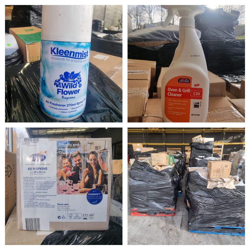 Full Artic Load of Mixed Goods -Traffic Film Remover with Wax, Wypall, Duni Napkins, Air Freshner & More - Sold As One Lot - Delivery Available!