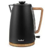 VonShef 1.7L Kettle â€“Nordic Black and Wood Rapid Boil 3000W Fika Range 2000236 - ER51.