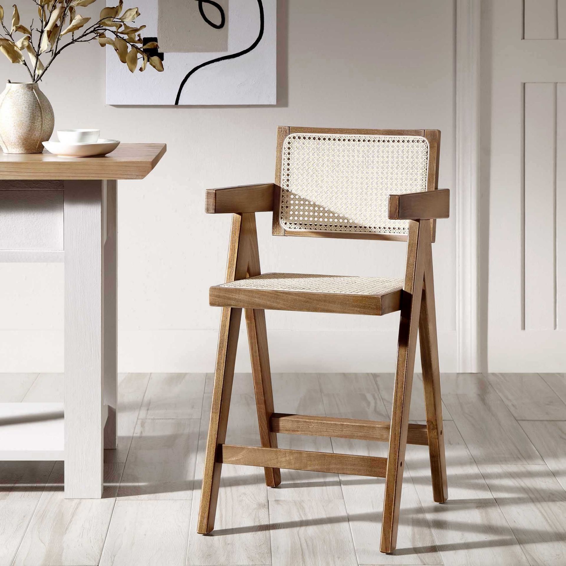 Jeanne Light Walnut Cane Rattan Solid Beech Wood Counter Stool. - ER31. RRP £239.99. The cane rattan