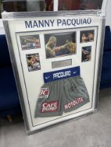 SIGNED AND FRAMED MANNY PACQUIA BOXING TRUNKS FROM THE COTTO FIGHT WITH CERTIFICATE OF AUTHENTICITY