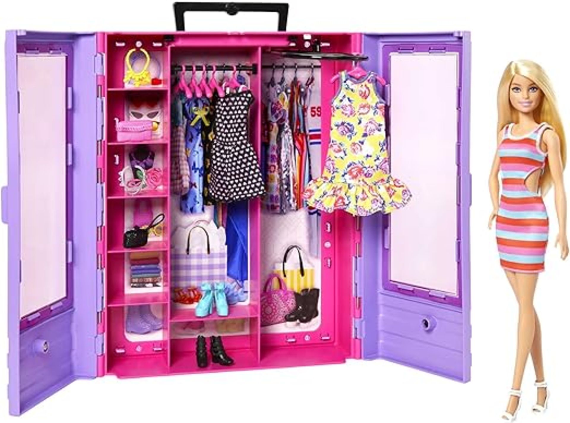 Barbie Fashionistas Ultimate Closet and Doll, One Blonde Barbie Doll with 3 Barbie Outfits, 6 Barbie