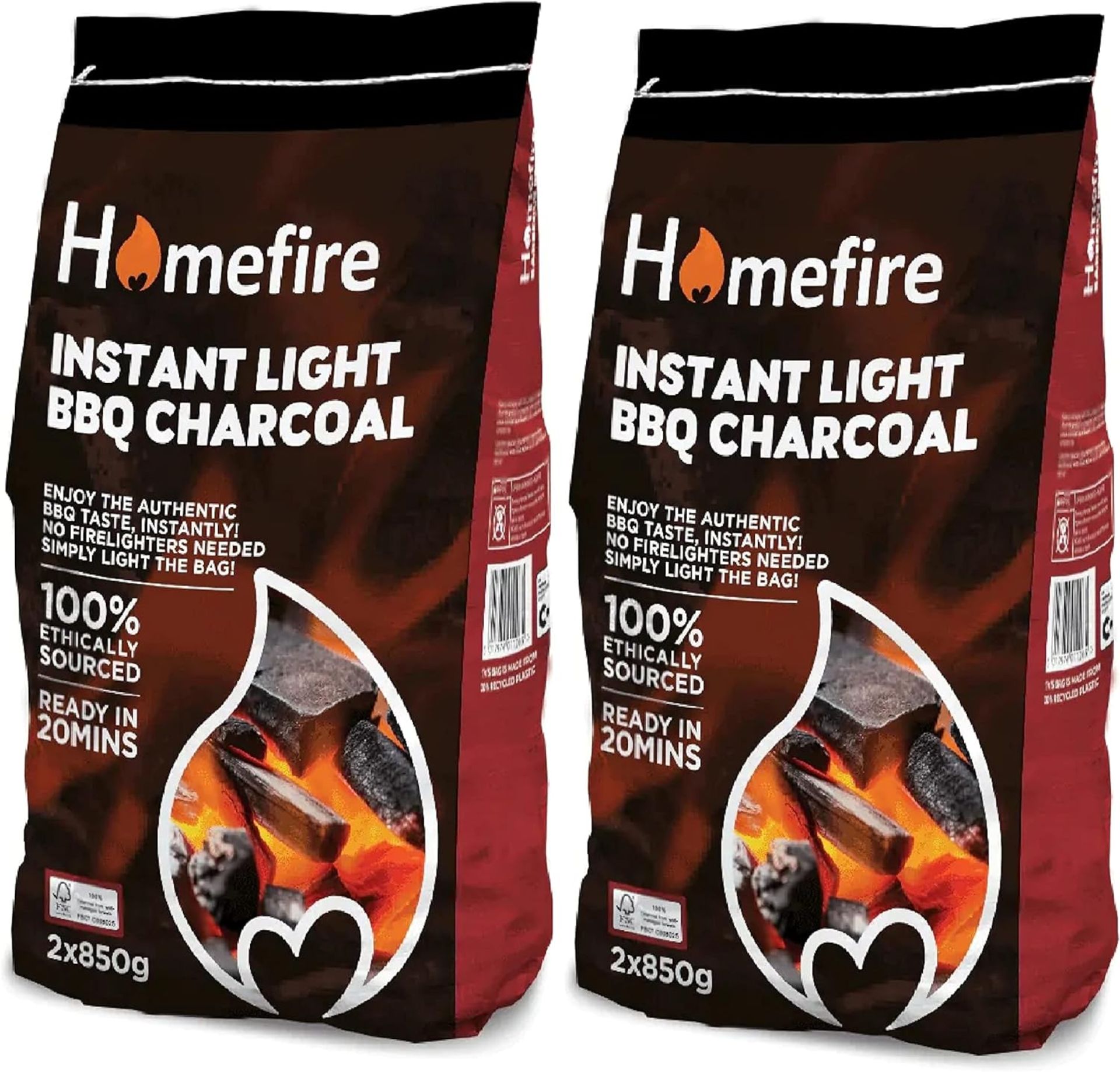 20 X BRAND NEW 2 X 850G BAGS OF HOMEFIRE INSTANT LIGHT BBQ CHARCOAL R5.2