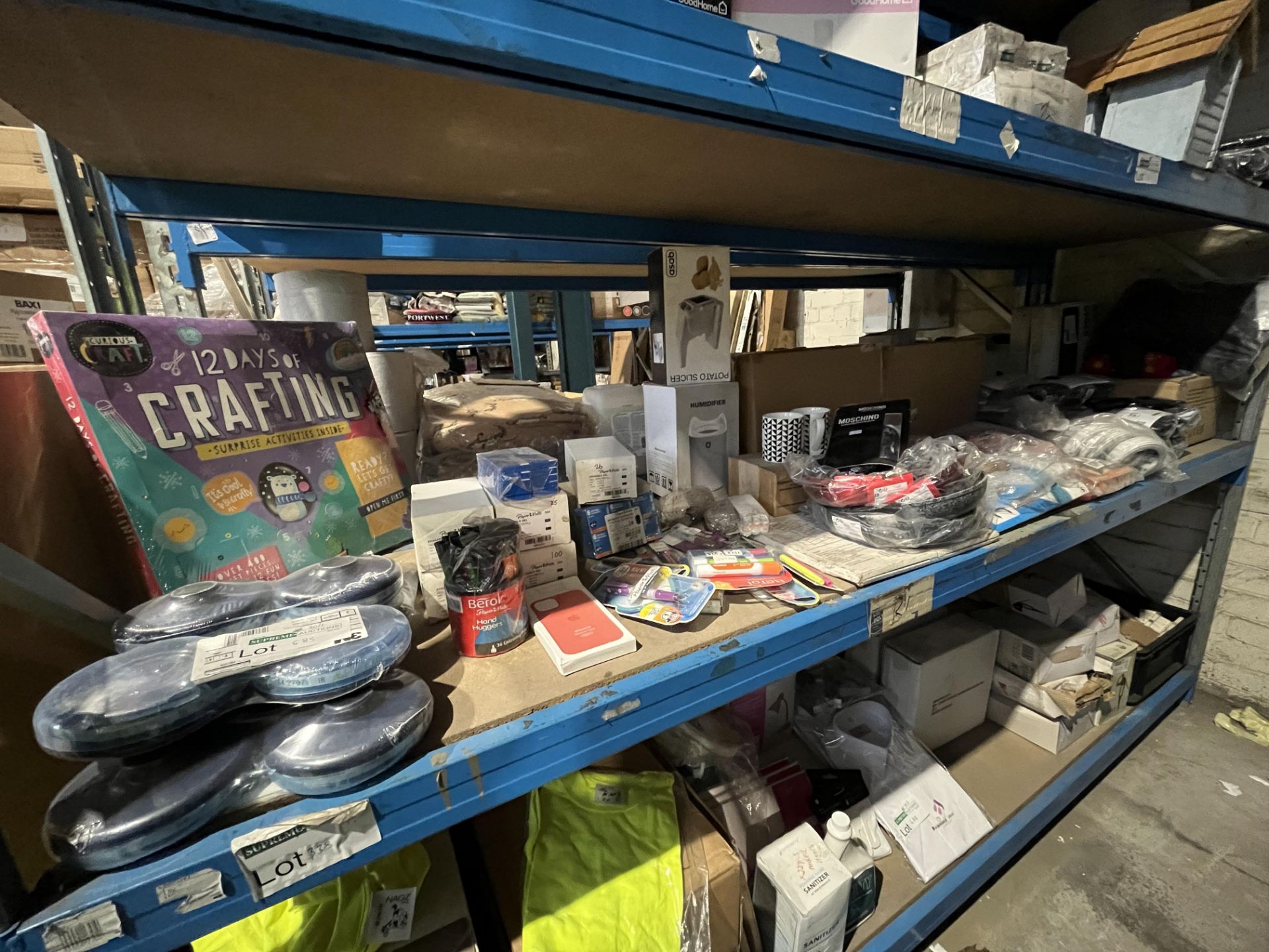 LARGE MIXED LOT ON 1 SHELF TO INCLUDE PANS, FANCY DRESS, STATIONARY ETC. (S1-8)